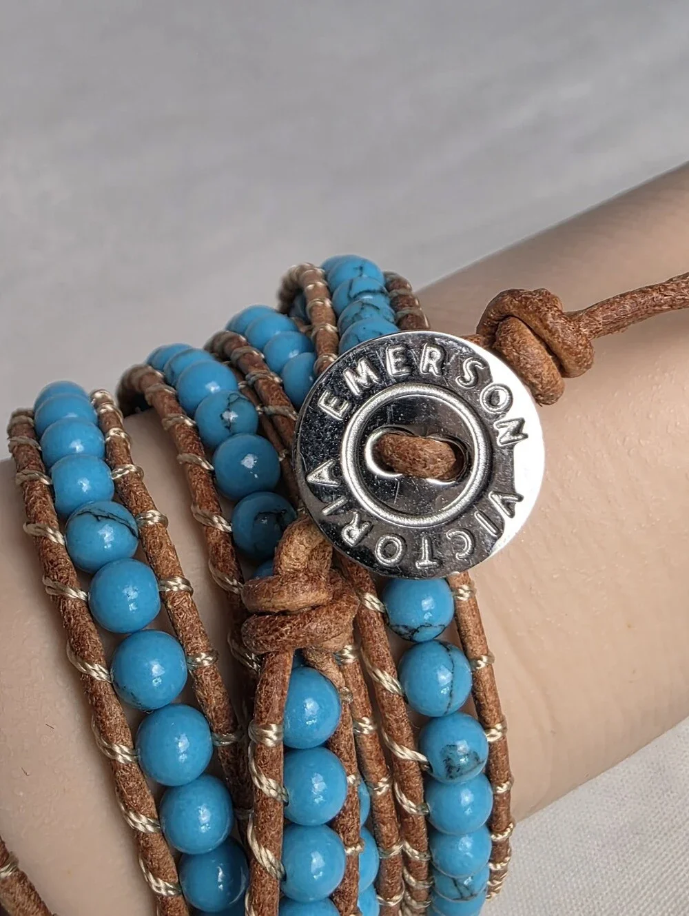 Victoria Emerson Turquoise Color Beaded Brown Leather Wrap Bracelet 33-36